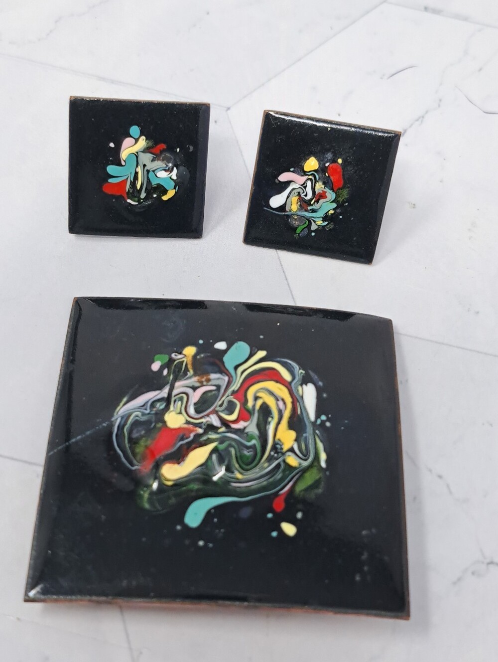 Vintage Enameled Copper Artisan Brooch & Earring Set